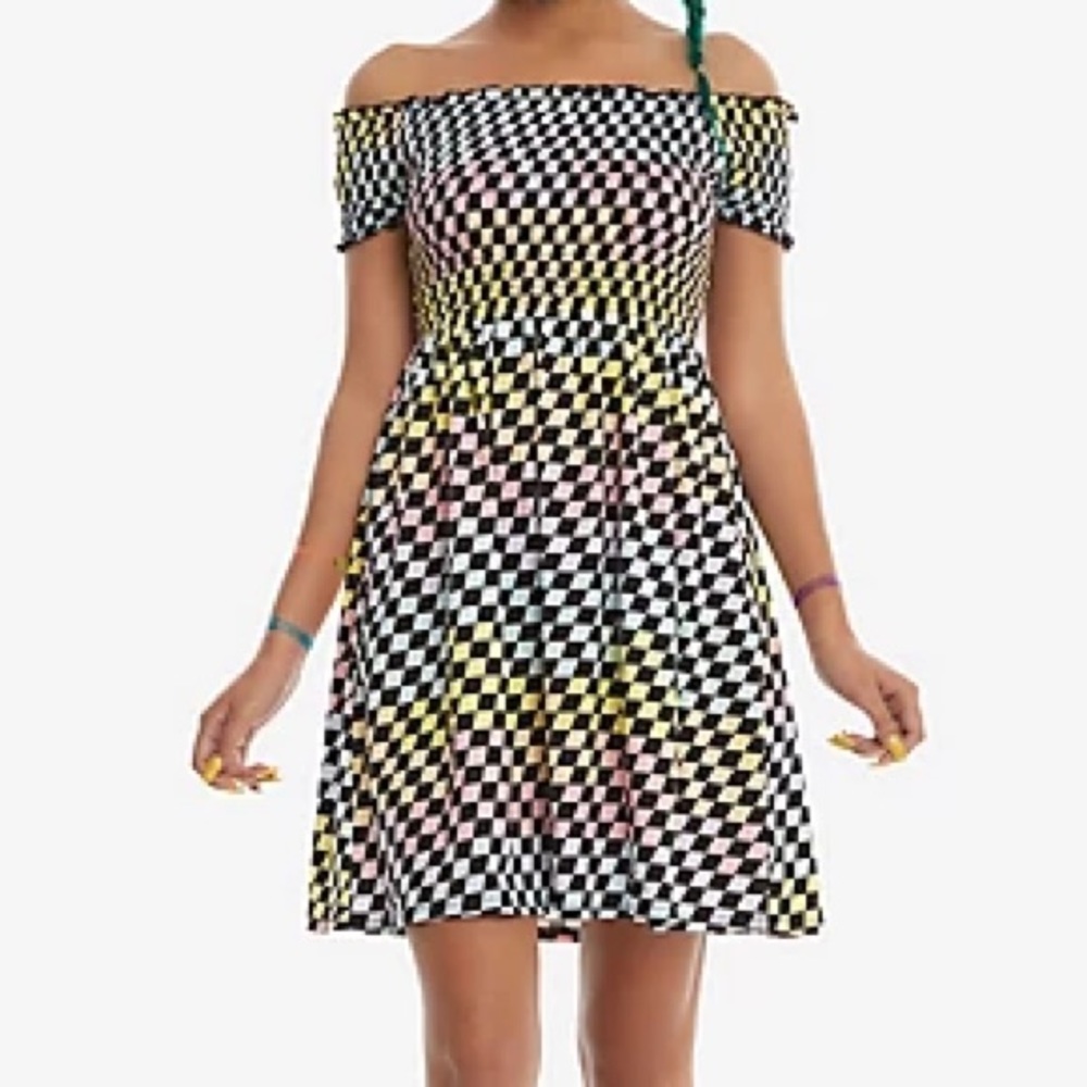 Pastel/Checkered Off-Shoulder Dress